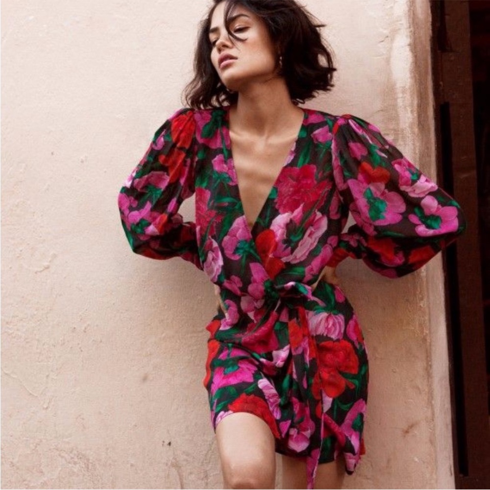 The Kooples Red and Pink Floral Mini Dress with V-Neck
